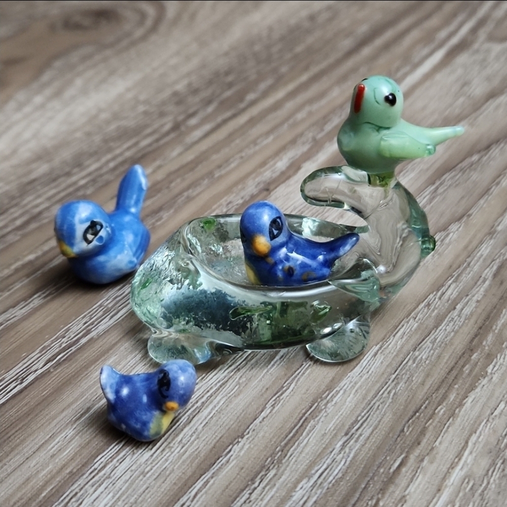 Ceramic Mini Love Birds Vintage Singing Bird Glass Sewing Pin Cushion Holder Vtg